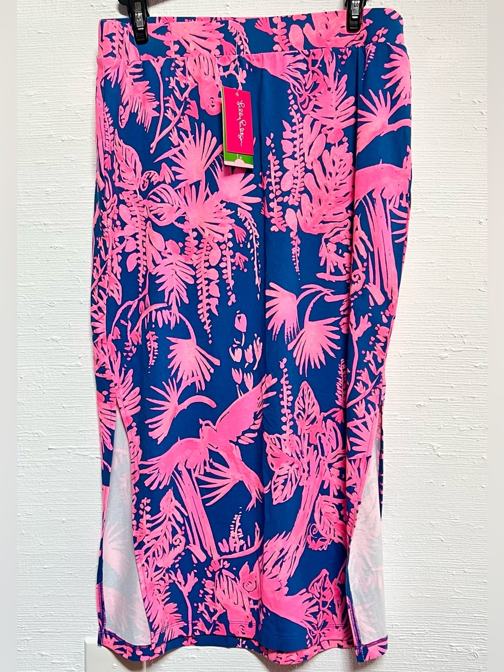 Lily Pulitzer Kemi Midi Skirt Tropical Birds and Plants Hot Pink and Blue